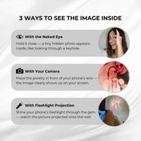 Thumbnail for 3 ways to see the image inside the Pink Photo Bracelet: with the naked eye, camera, or flashlight projection.