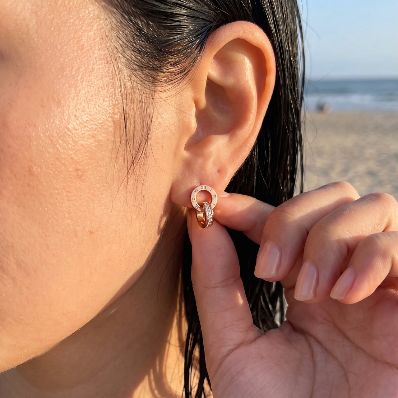 Interlocking hoop earrings — worn, real size, rose gold | SKU: 11137578-rose-gold