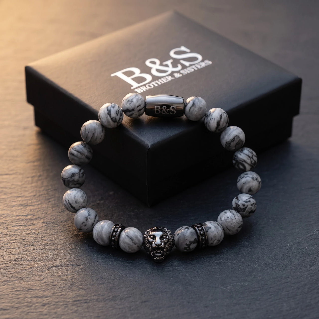Black Lion & Grey Stones Bracelet – in the Brother & Sisters gift box | Brother & Sisters | SKU: 20866222-gun-black-XS-14-15, 20866222-gun-black-S-16-17, 20866222-gun-black-M-18-19, 20866222-gun-black-L-20-21, 20866222-gun-black-XL-22-23