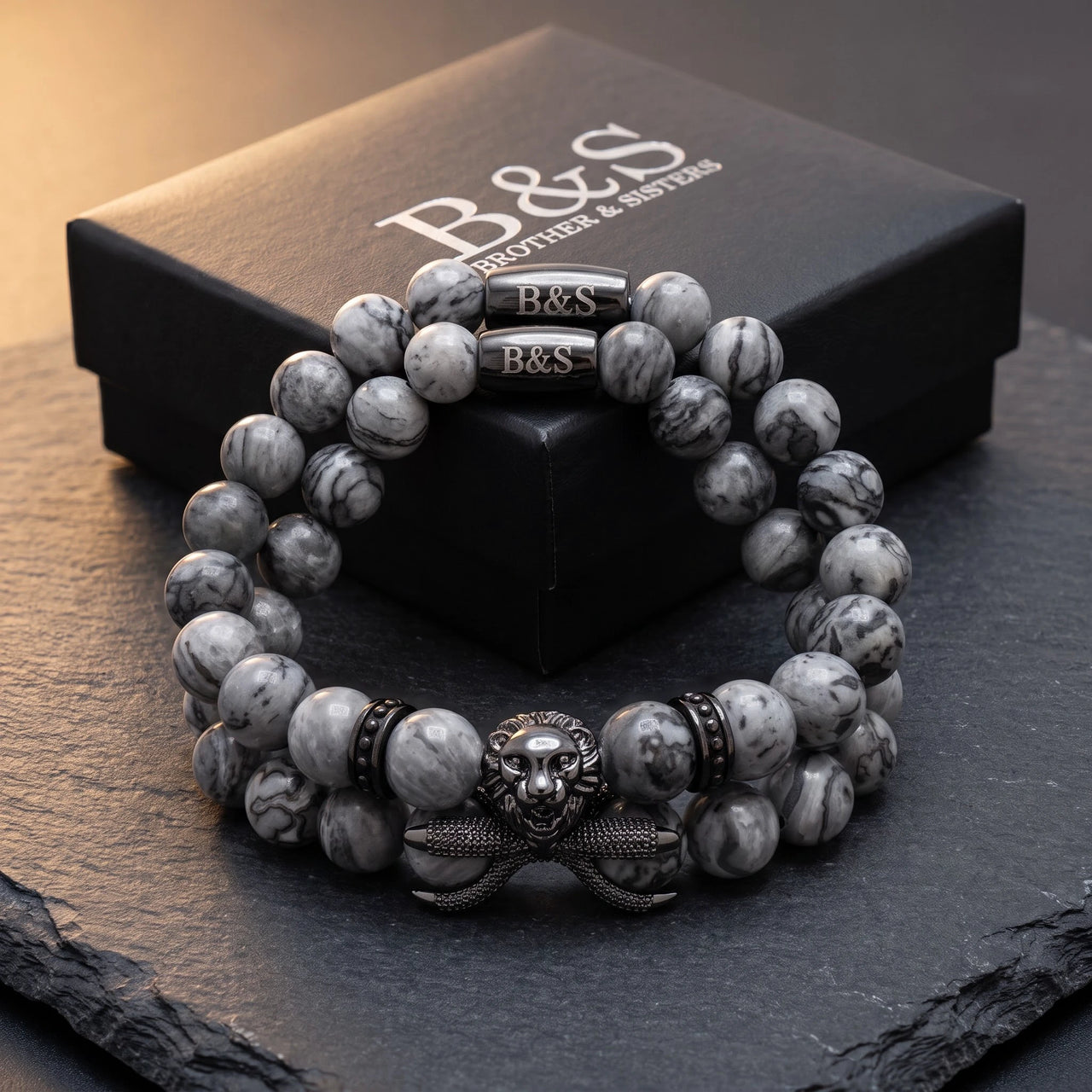 Black Lion & Grey Stones Set – in the Brother & Sisters gift box | Brother & Sisters | SKU: 21039839SET-gun-black-XS-14-15, 21039839SET-gun-black-S-16-17, 21039839SET-gun-black-M-18-19, 21039839SET-gun-black-L-20-21, 21039839SET-gun-black-XL-22-23