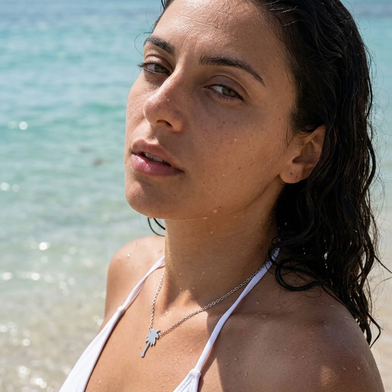 Palm tree necklace — worn in the water, waterproof, silver | SKU: 8732822-silver-plated