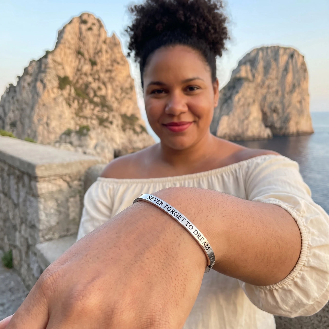 Never Forget To Dream bracelet in silver worn on a getaway | SKU: nftd-wg
