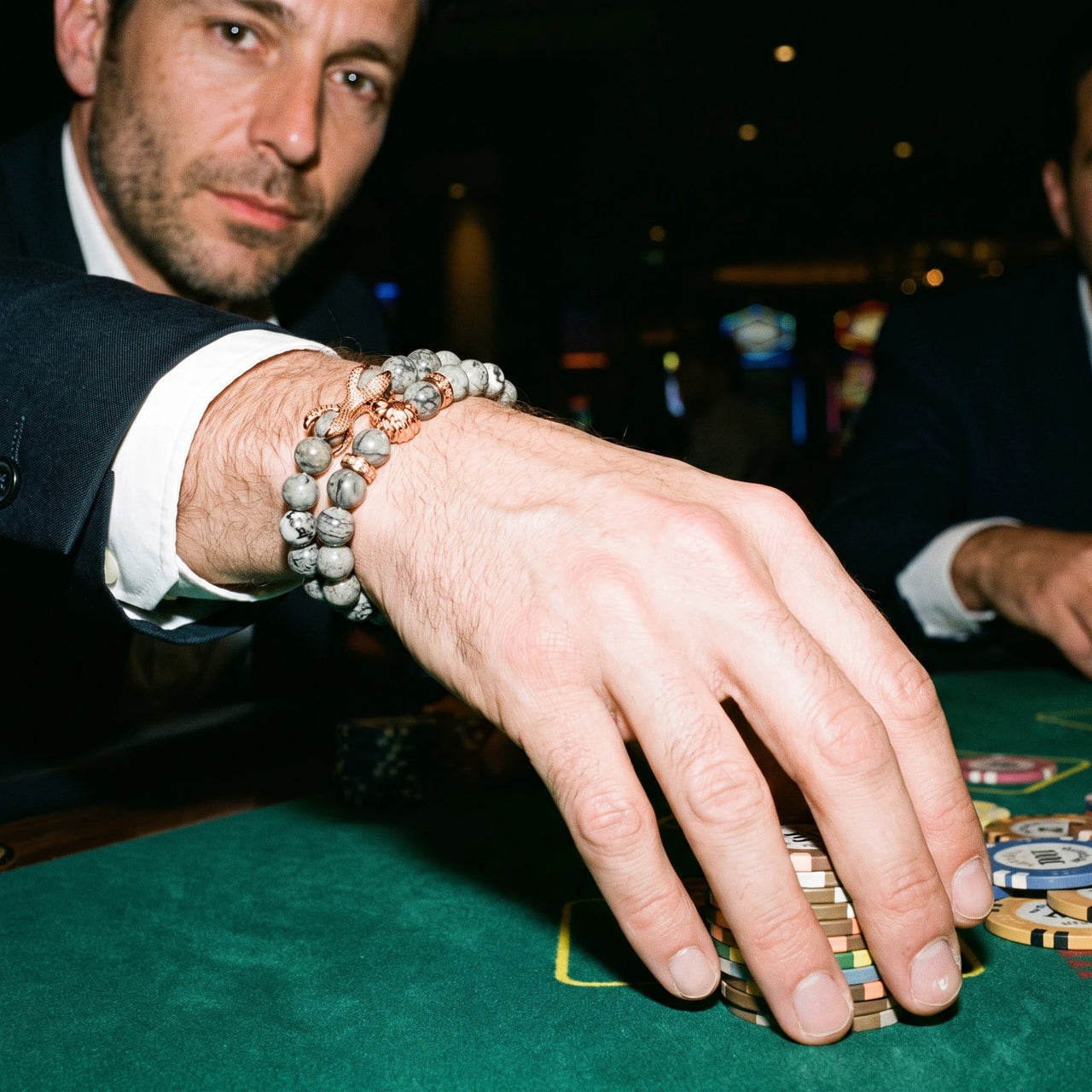 Rose Gold Lion & Grey Stones Set – worn at the poker table | Brother & Sisters | SKU: 21039839SET-rose-gold-XS-14-15, 21039839SET-rose-gold-S-16-17, 21039839SET-rose-gold-M-18-19, 21039839SET-rose-gold-L-20-21, 21039839SET-rose-gold-XL-22-23