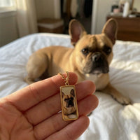 Thumbnail for Customer photo: the gold bar necklace with her bulldog's photo, her dog in the background | SKU: TPH-BARN-GOLD