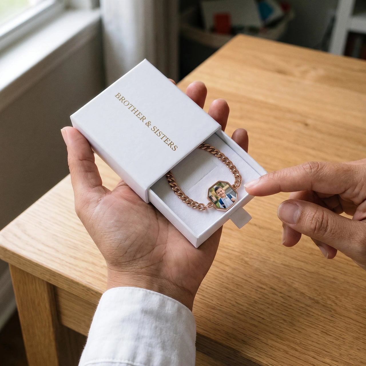The rose gold octagon photo bracelet in the Brother & Sisters gift box | SKU: TPH-OCTB-ROSEGOLD-18
