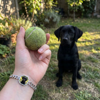 Thumbnail for Customer photo: the silver octagon bracelet with her labrador's photo, her dog in the background | SKU: TPH-OCTB-SILVER-18