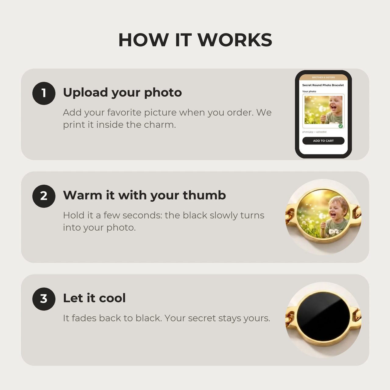 How it works: upload your photo, warm the round charm with your thumb, let it cool back to black | SKU: TPH-RNDB-GOLD