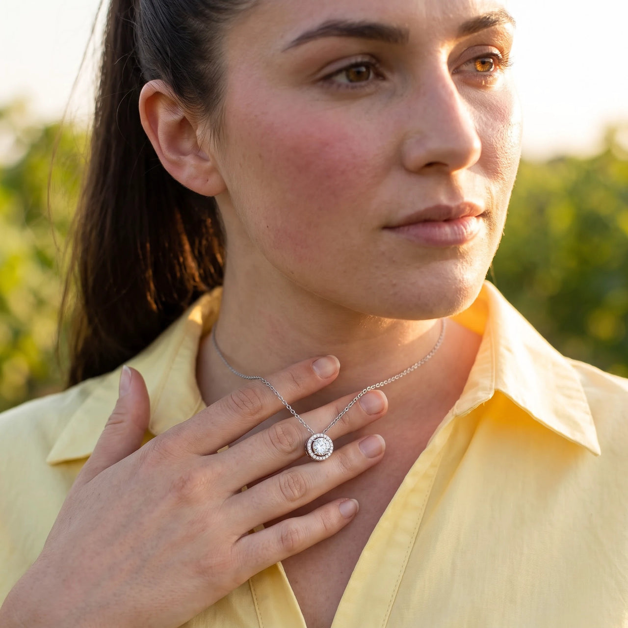 Cubic zirconia necklace — worn, everyday gesture, silver | SKU: 33136351