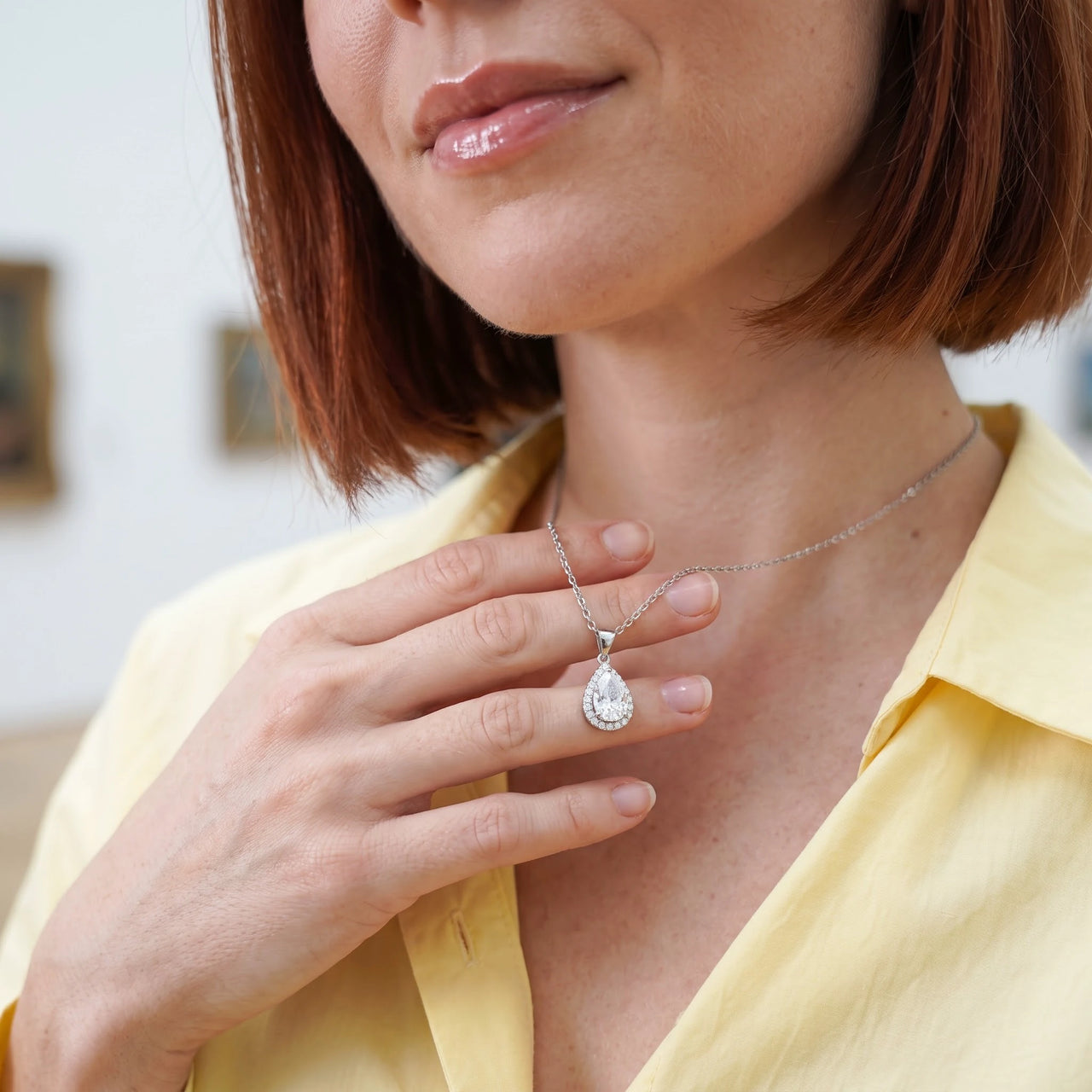 Pear necklace — worn, everyday gesture, silver | SKU: 505415-white