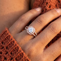 Thumbnail for Halo engagement ring — close-up of the details, rose gold | SKU: 346060-4.5-rose-gold