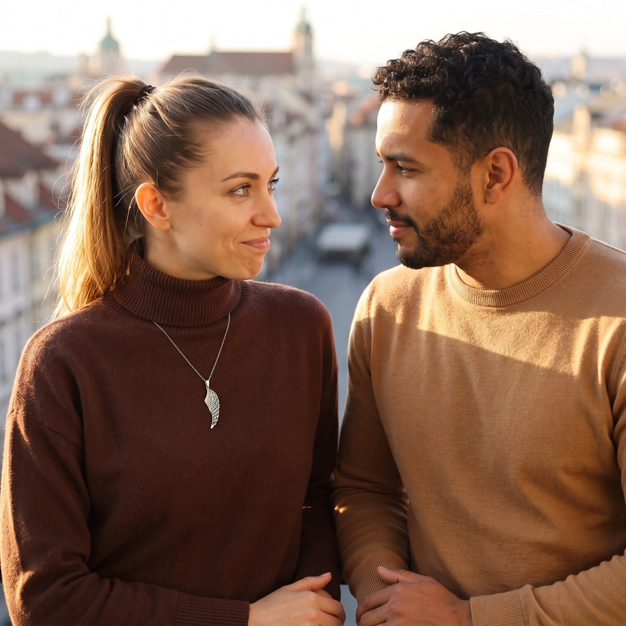 Woman wearing the silver necklace with her partner | SKU: 42003-silver