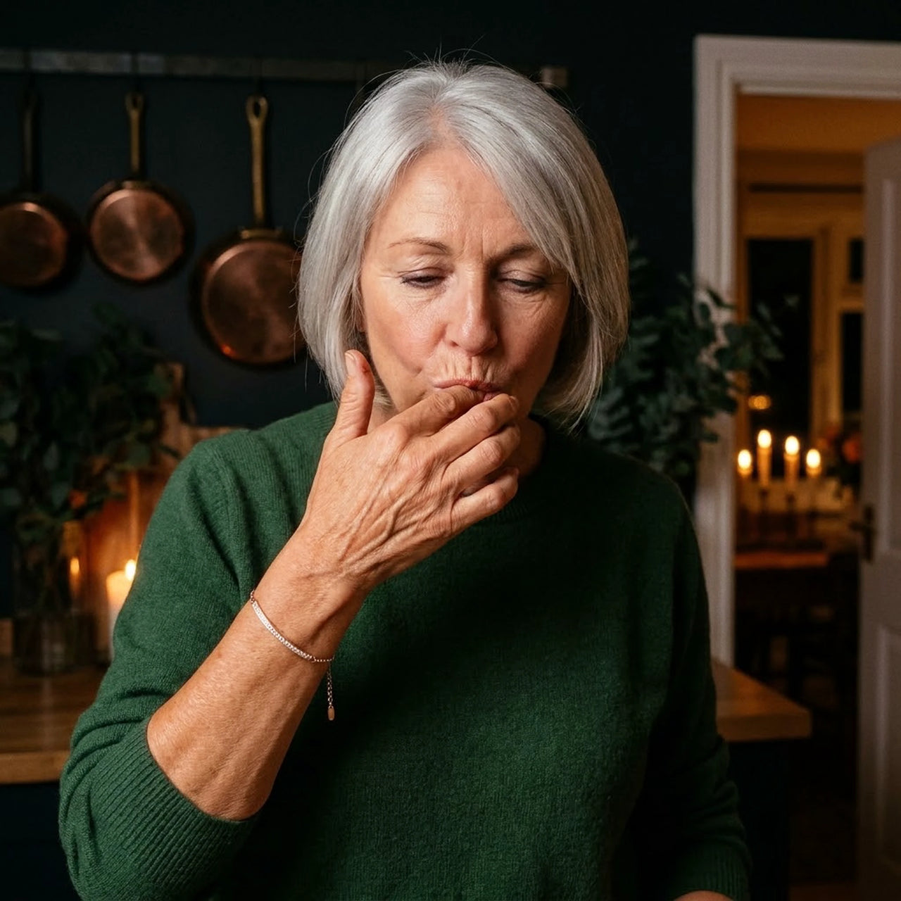 Woman wearing the rose gold Crystal Bar Bracelet in a kitchen on a festive evening