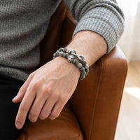 Thumbnail for White Gold Lion & Grey Stones Set – close-up worn on a man's wrist | Brother & Sisters | SKU: 21039839SET-silver-XS-14-15, 21039839SET-silver-S-16-17, 21039839SET-silver-M-18-19, 21039839SET-silver-L-20-21, 21039839SET-silver-XL-22-23