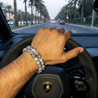Thumbnail for White Gold Lion & Grey Stones Set – worn at the steering wheel of a luxury car | Brother & Sisters | SKU: 21039839SET-silver-XS-14-15, 21039839SET-silver-S-16-17, 21039839SET-silver-M-18-19, 21039839SET-silver-L-20-21, 21039839SET-silver-XL-22-23