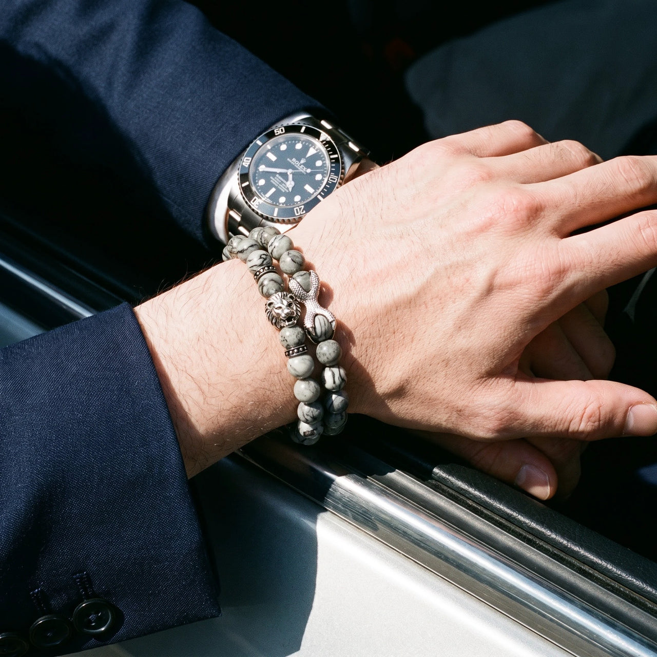 White Gold Lion & Grey Stones Set – worn next to a luxury watch | Brother & Sisters | SKU: 21039839SET-silver-XS-14-15, 21039839SET-silver-S-16-17, 21039839SET-silver-M-18-19, 21039839SET-silver-L-20-21, 21039839SET-silver-XL-22-23