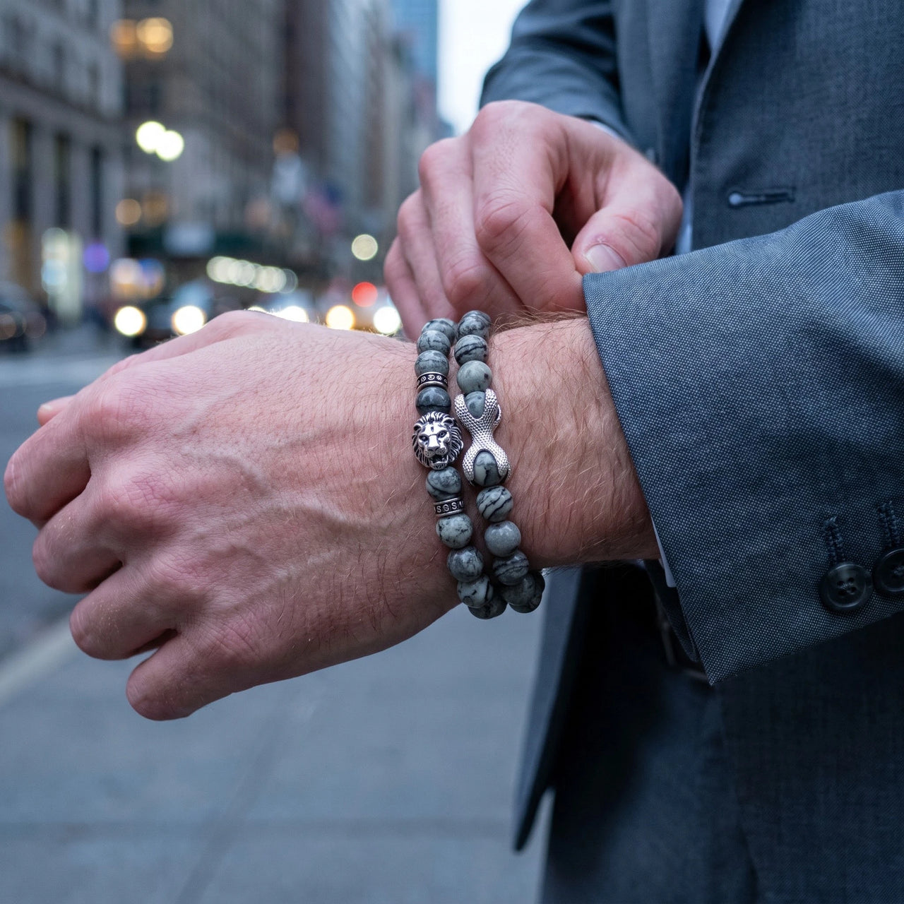 White Gold Lion & Grey Stones Set – worn with a shirt cuff | Brother & Sisters | SKU: 21039839SET-silver-XS-14-15, 21039839SET-silver-S-16-17, 21039839SET-silver-M-18-19, 21039839SET-silver-L-20-21, 21039839SET-silver-XL-22-23
