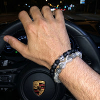 Thumbnail for White Gold Lion with Black & Grey Stones Set – on a Porsche steering wheel at night | Brother & Sisters | SKU: 21369621-silver-XS-14-15, 21369621-silver-S-16-17, 21369621-silver-M-18-19, 21369621-silver-L-20-21, 21369621-silver-XL-22-23
