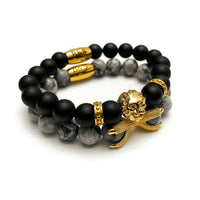 Thumbnail for Man Bracelets - Men’s Beaded Bracelets - Gold Lion with Black & Grey Stones Set - gold bracelet for man Bracelet Brother & Sisters