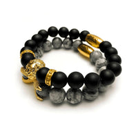 Thumbnail for Man Bracelets - Men’s Beaded Bracelets - Gold Lion with Black & Grey Stones Set - gold bracelet for man Bracelet Brother & Sisters